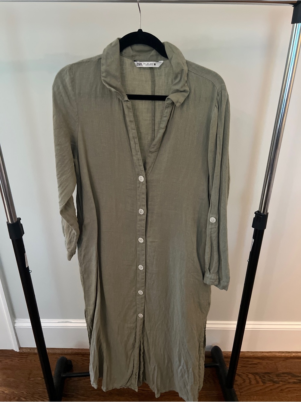 Zara Light Olive Button-Front Linen Shirt Dress